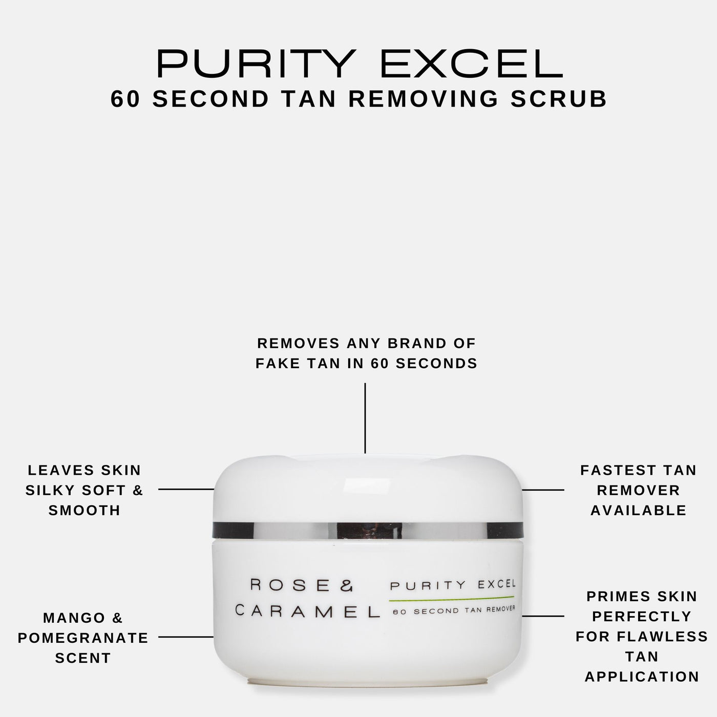 purity excel 60 second tan remover 100ml, fake tan remover, fake tan eraser, self tan eraser, rose and caramel tan remover, purity remover, tan remover 60 seconds, body exfoliator, 60 second tan remover