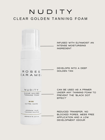 clear tanning foam, transfer free tan, self tanning foam, fake tan, golden tan, golden fake tan.