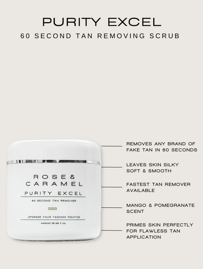 purity excel 60 second tan remover 440ml, fake tan remover, fake tan eraser, self tan eraser, rose and caramel tan remover, purity remover, tan remover 60 seconds, body exfoliator, 60 second tan remover