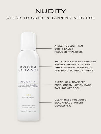 self tanning aerosol, transfer free tan, deep golden tan, mess free tan, clear tanner, universal tanner.